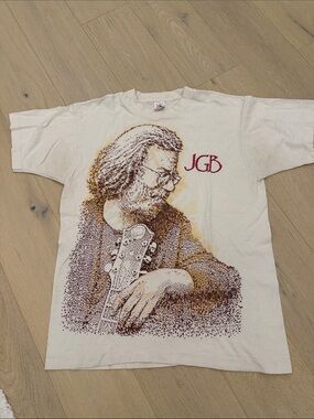 J. Garcia Cream Short-Sleeve Tee with Brown Musician Graphic and Red JGB Logo